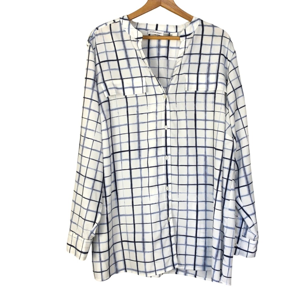 Calvin Klein Button Down Shirt Womens 2X White Blue Plaid Long Sleeve Casual Top